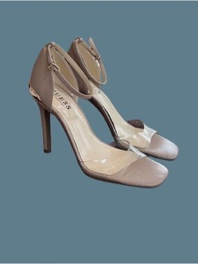 Guess Nude Taupe Ankle-Strap Clear Panel Stiletto Heels